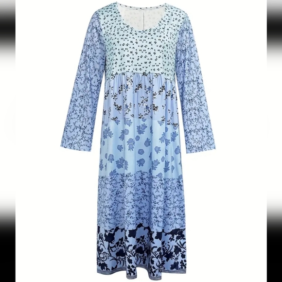 Romantic boho baby blue mixed print baby doll multi tiered midi dress size large - Picture 2 of 4